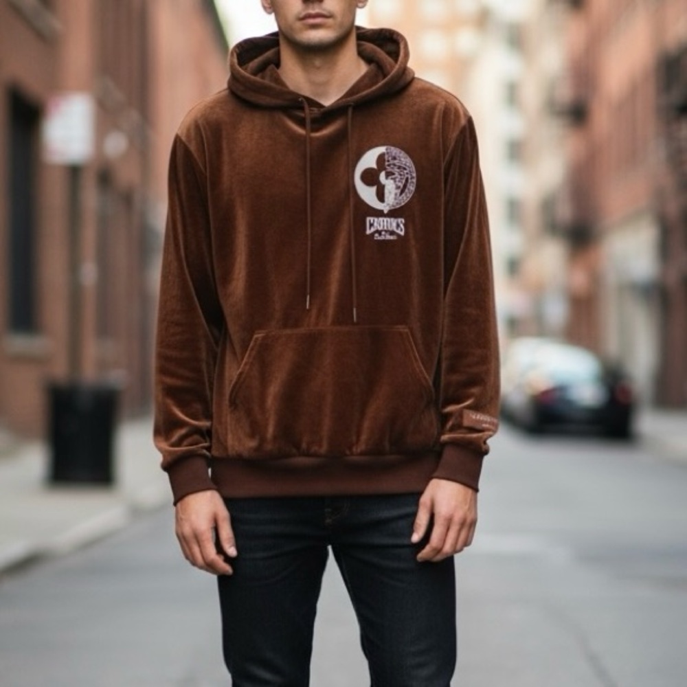 Crooks & Castle Velour Velvet Hoodie Men’s Size Small Rust Orange Color Pullover